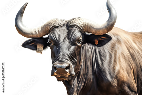 A bull with large horns standing on a white background, Generative Ai