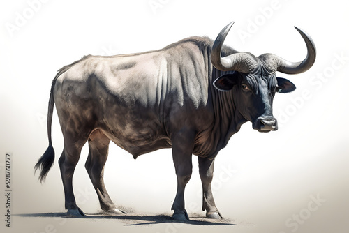 A bull with large horns standing on a white background, Generative Ai