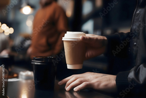 Closeup of man holding takeaway coffee at the cafe, Generative AI