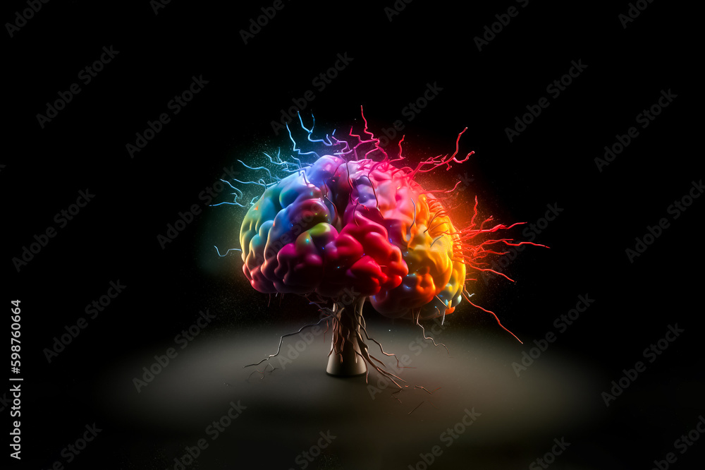 The shape of a brain in 3D is made out of rainbow-colored liquid and dust particles that are exploding on a black backdrop. generative AI.