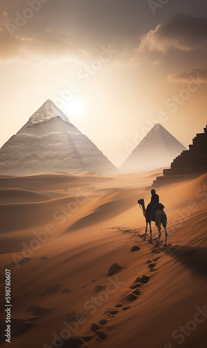 landscape egypt landscape, camel and pyramids of giza. warm atmosphere. night is coming. last rays of a hot day. made with ai