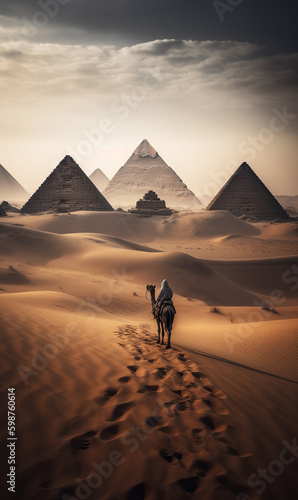 landscape egypt landscape, camel and pyramids of giza. warm atmosphere. night is coming. last rays of a hot day. made with ai