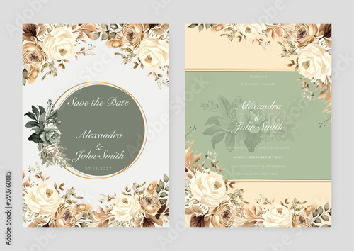 White rose floral flower vector watercolor colorfull wedding invitation card template set with golden floral decoration