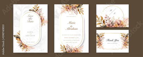 Pink rose floral flower beautiful hand drawn wedding invitation card watercolor