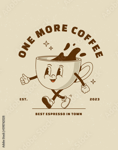 Cartoon retro 70s cup of coffee vector illustration. Groovy vintage poster espresso character. Nostalgia 1970s, 60s