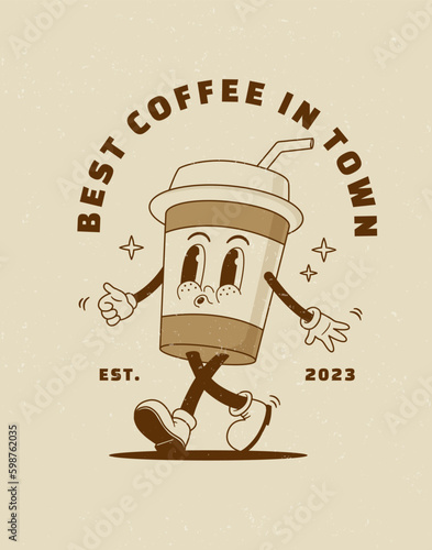 Cartoon retro 70s paper cup of coffee vector illustration. Groovy vintage poster latte character. Take away hot drink. Nostalgia 1970s, 60s