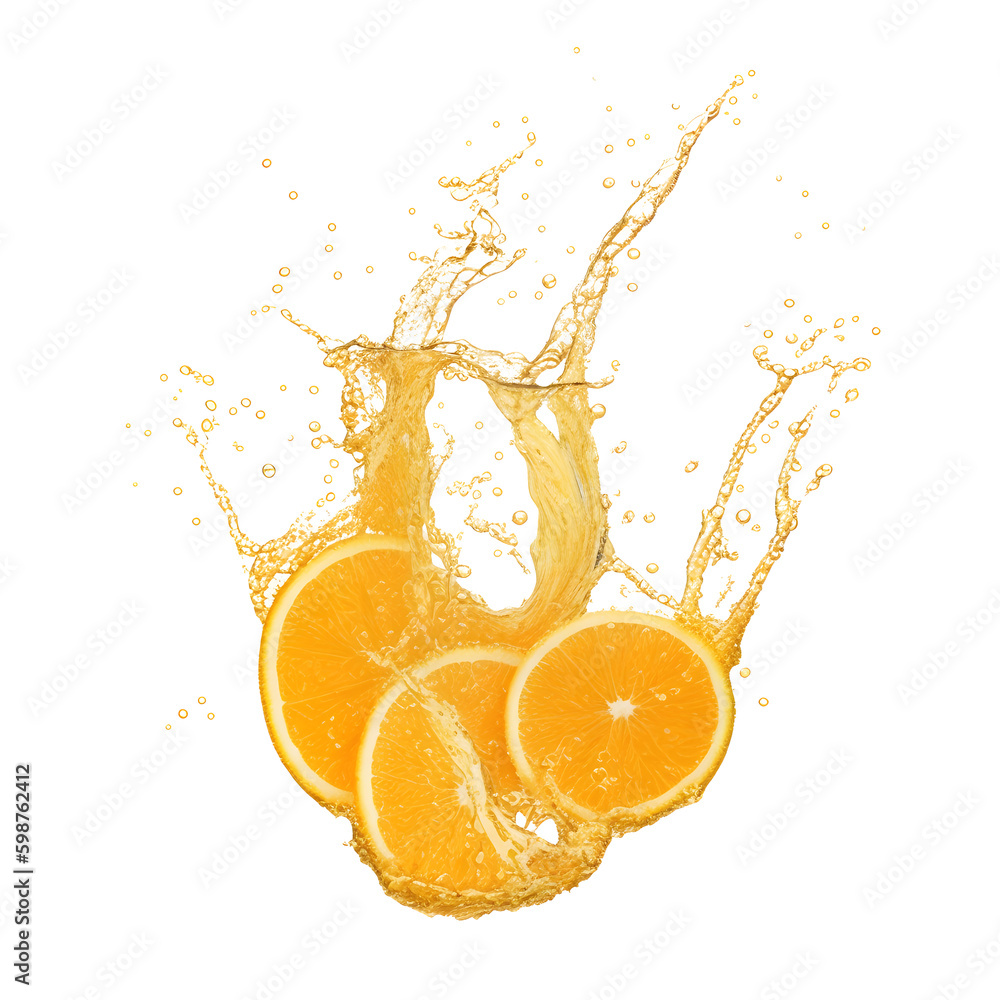 Yellow or orange juice water splash isolated on white background. PNG