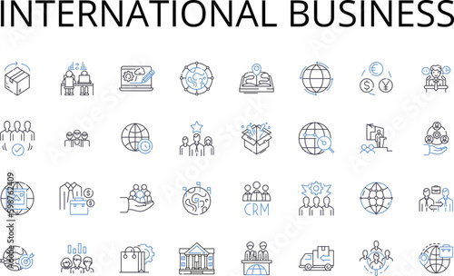 International business line icons collection. Global commerce, Foreign trade, Multinational affairs, Transnational dealings, World economics, Cross-border ventures, Intercontinental transactions