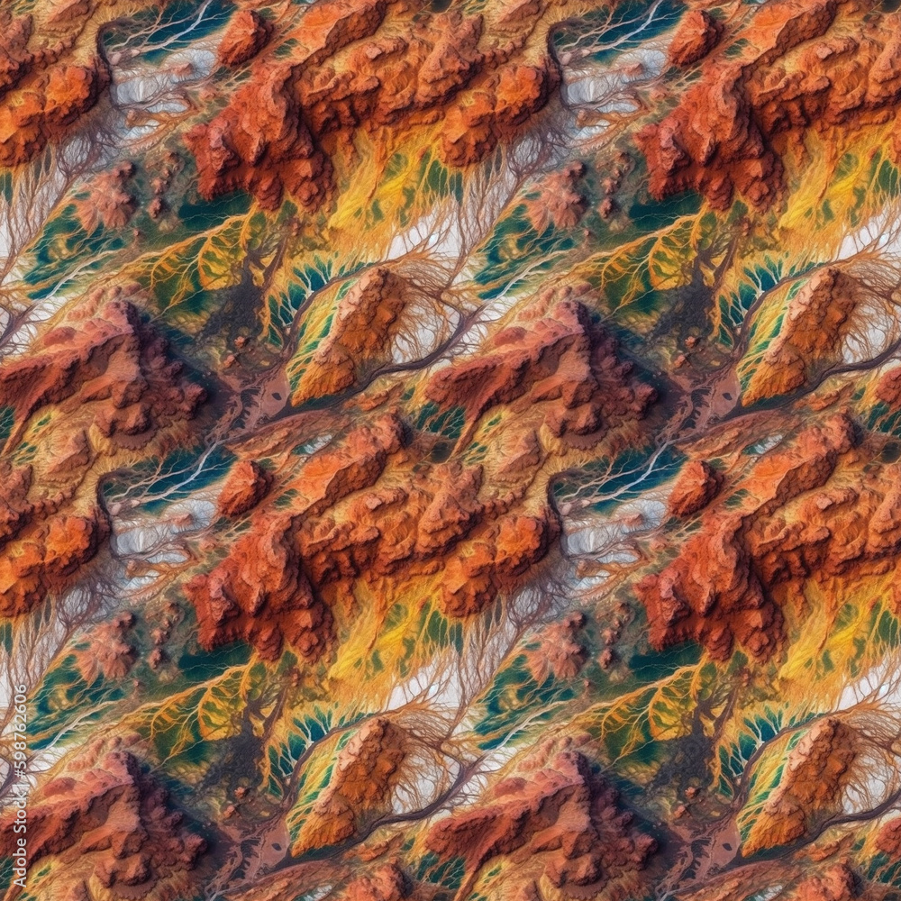 Aerial view on the colorful rainbow mountains. AI generative illustration.