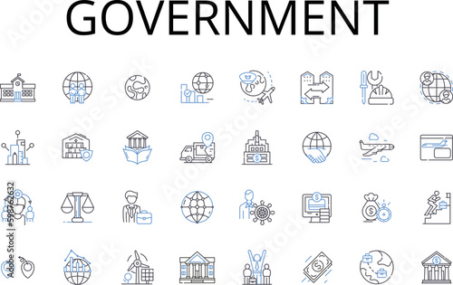 Government line icons collection. Authority Power, State Regime, Administration Management, Governance Direction, Regulator Overseer, Regime Rule, Rule Polity vector and linear illustration. Ruling