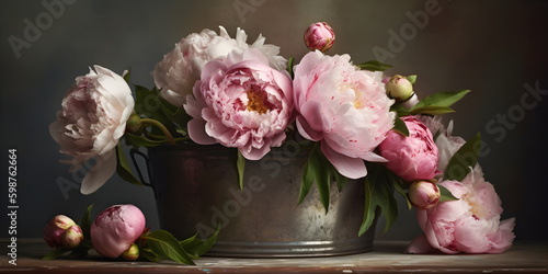 Fototapeta Naklejka Na Ścianę i Meble -  still life photograph, mixed bunch of open flowering peonies in pastel shades of pink in a vintage zinc bucket, with pink silk ribbons, sitting on a white wood table