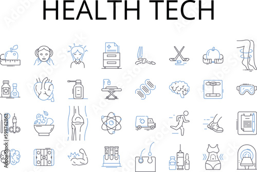 Health tech line icons collection. Medical technology, Digital health, Healthcare IT, Telehealth, eHealth, Health informatics, Health information technology vector and linear illustration. Medical