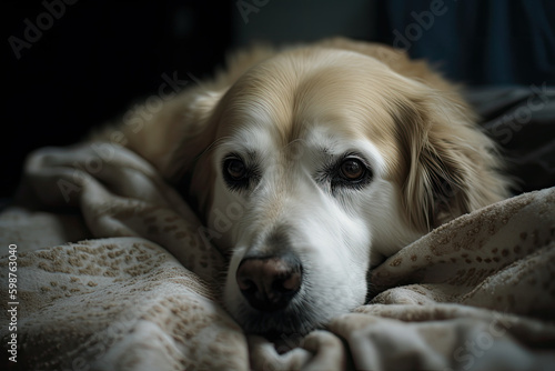 portrait of a golden retriever that's sick with dog flu- made with generative ai