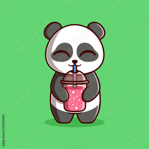 Vector Cute Panda Drinking Smoothie Illustration. Kawaii Animal Cartoon Character Design For Banner, Poster, Icon, and Mascot