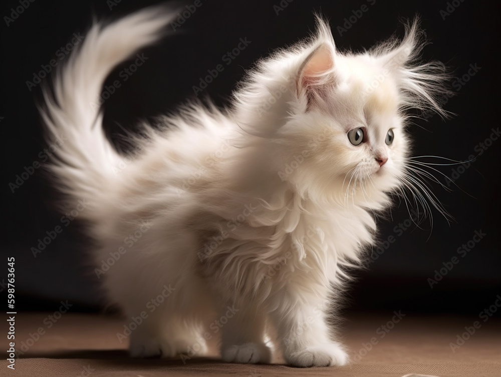 A close-up of the kitten's tail as it twitches with excitement. Its fur is white and fluffy, with a slight curl at the end. AI-generated image