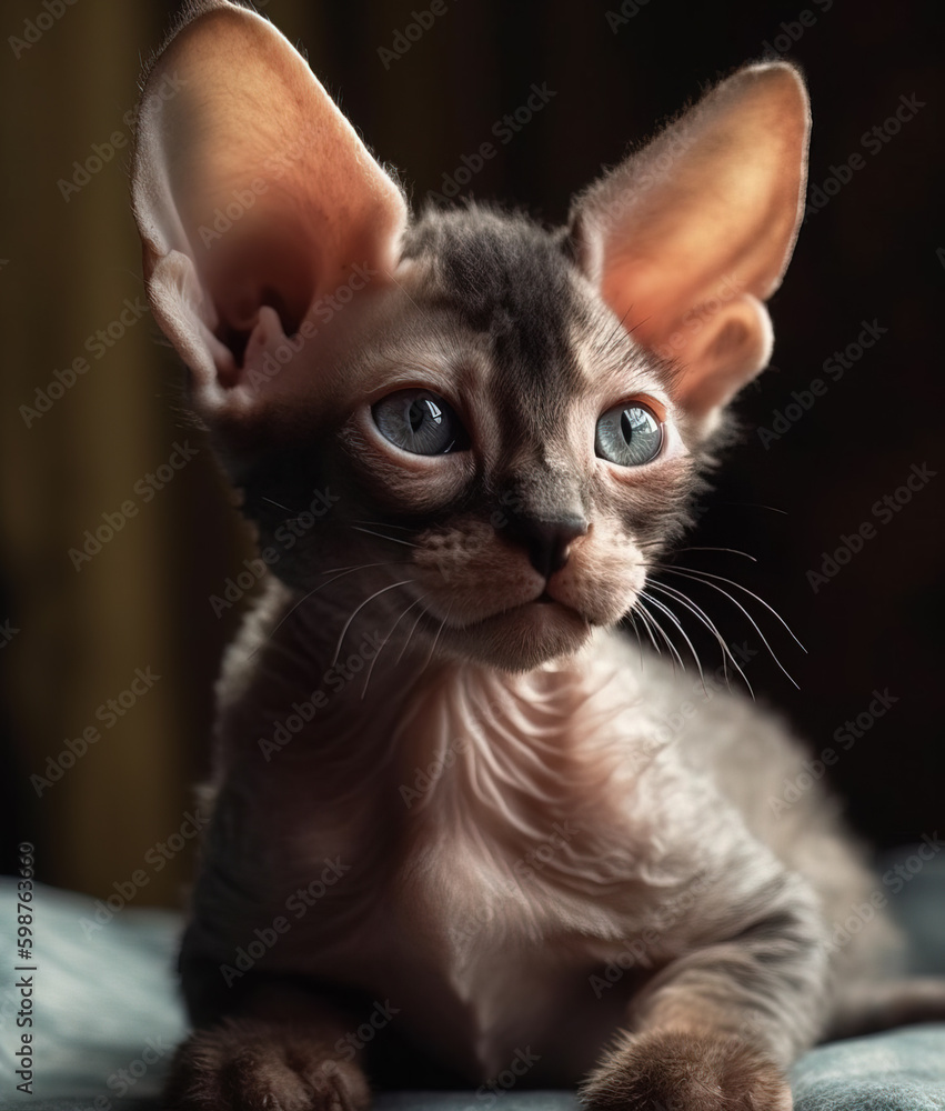 Devon Rex's fluffy black ears as they twitch and turn. Ai-generated image of a kitten
