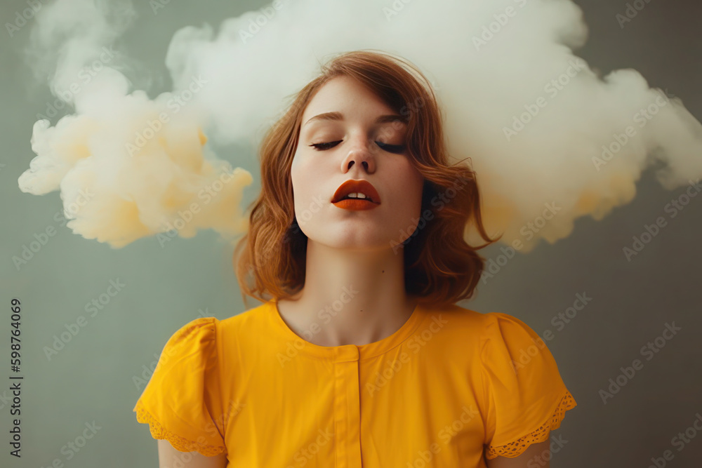 a cloud of flies near the head of a girl in a yellow dress. art, minimalism, dark sky. surreal art. AI generative