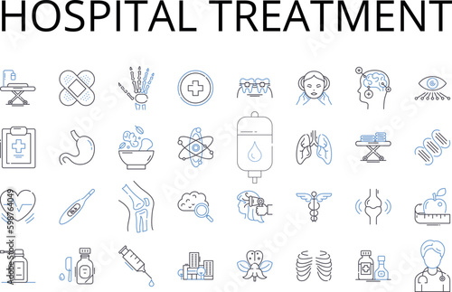 Hospital treatment line icons collection. Medical care  Doctor visit  Surgical operation  Health service  Clinical procedure  Patient therapy  Healthcare management vector and linear illustration