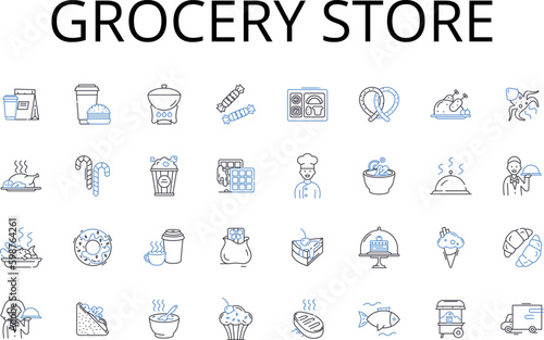 Grocery store line icons collection. Convenience store, Supermarket, Provision store, Corner shop, Market stall, Specialty shop, Food market vector and linear illustration. Health food store,Deli shop
