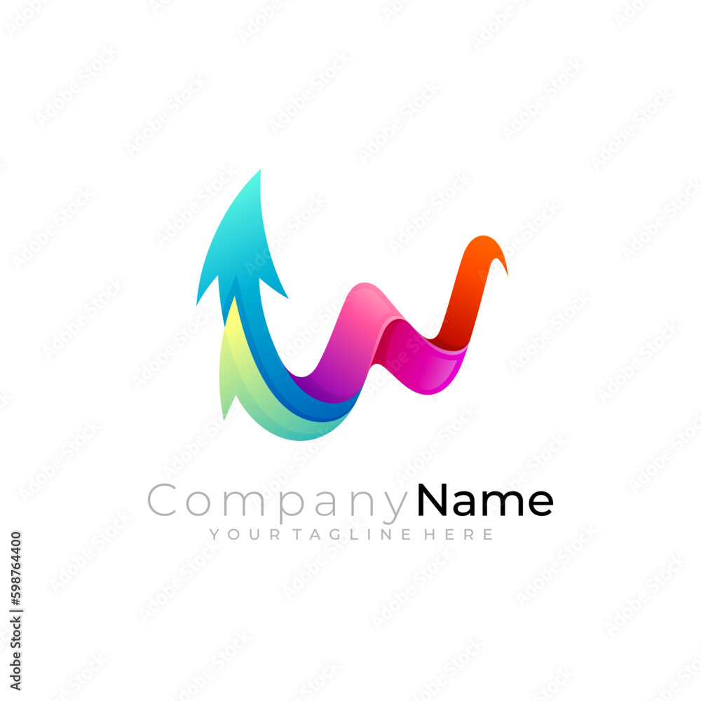 W logo and arrow, letter W design template, 3d colorful W logo and arrow, letter W design template, 3d colorful