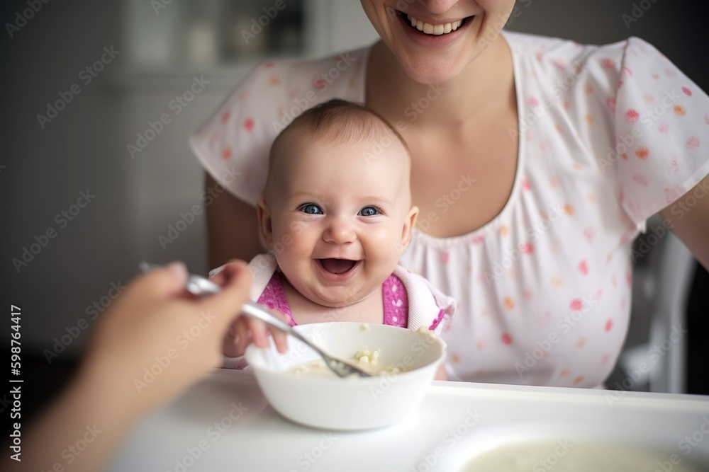 Cute baby girl having her first meal with her parents. Close up shot. Generative AI Cute baby girl having her first meal with her parents. Close up shot. Generative AI