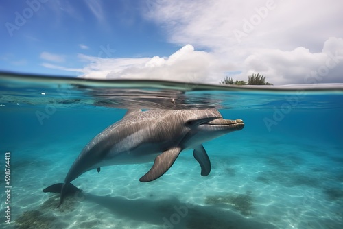Cute dolphin swimming under the blue ocean water. Generative AI