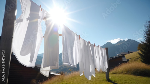 White clean sheets drying on a rope mountain view Generative AI