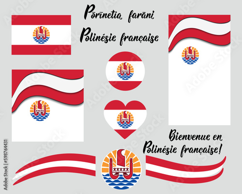 Flag of French Polynesia. Ink illustration. Set of social media story post template. French lettering. Translation from French - Welcome to French Polynesia.