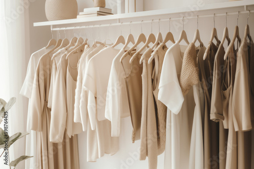 Beige and white clothes hanging on a rack, pastel colors Generative AI