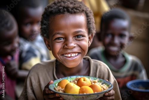 African child smiling and holding a plate full of food. Generative AI