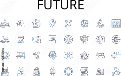 Future line icons collection. Destiny, Tomorrow, Outlook, Prospects, Horizon, Time ahead, Eventuality vector and linear illustration. Hereafter,Prospective,Foresight outline signs set