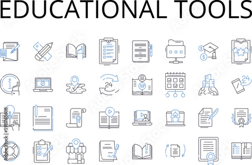 Educational tools line icons collection. Learning aids, Academic resources, Training materials, Instructional gear, Knowledge instruments, Study props, Pedagogic apparatus vector and linear