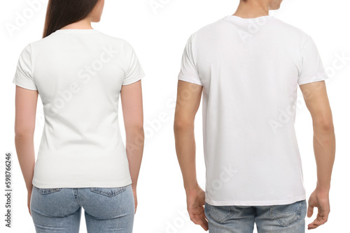 People wearing casual t-shirts on white background, back view. Mockup for design