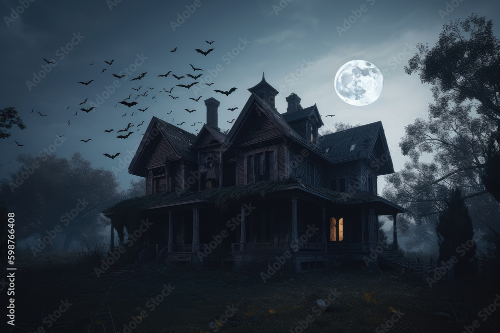 Haunted House and Full Moon in the background Generative AI Haunted House and Full Moon in the background Generative AI