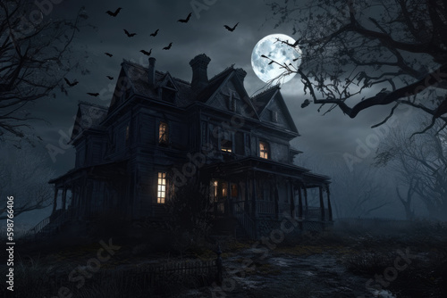 Haunted House and Full Moon in the background Generative AI
