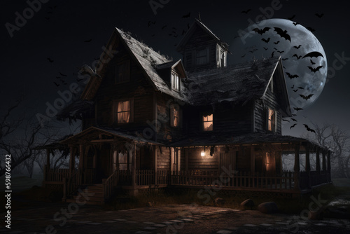 Haunted House and Full Moon in the background Generative AI © stock_acc