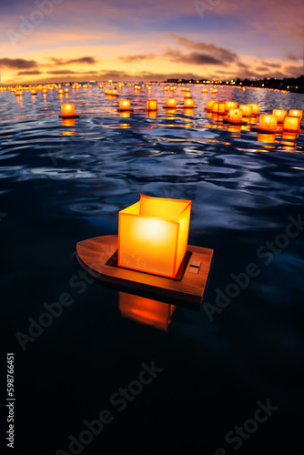A floating lantern in the foreground of the Hawaiian Floating Lantern Memorial ceremony, held annually off Magic Island, Oahu.