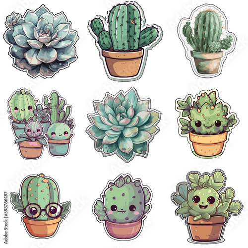 Happy Cactus Stickers , 9 Different Types Classic Vintage Sandy Plants Cactus Logo In Cartoon Stickers .