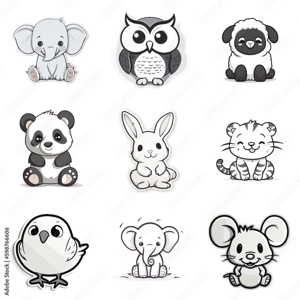 Happy Animals Stickers , 9 Different Types Classic Vintage Animals Cartoon Stickers For Logo And Coloring , Vector
