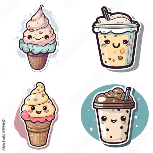 Happy  Ice Cream Stickers 4 Different Types Classic Vintage Ice Cream Cartoon Stickers For Logo , Vector