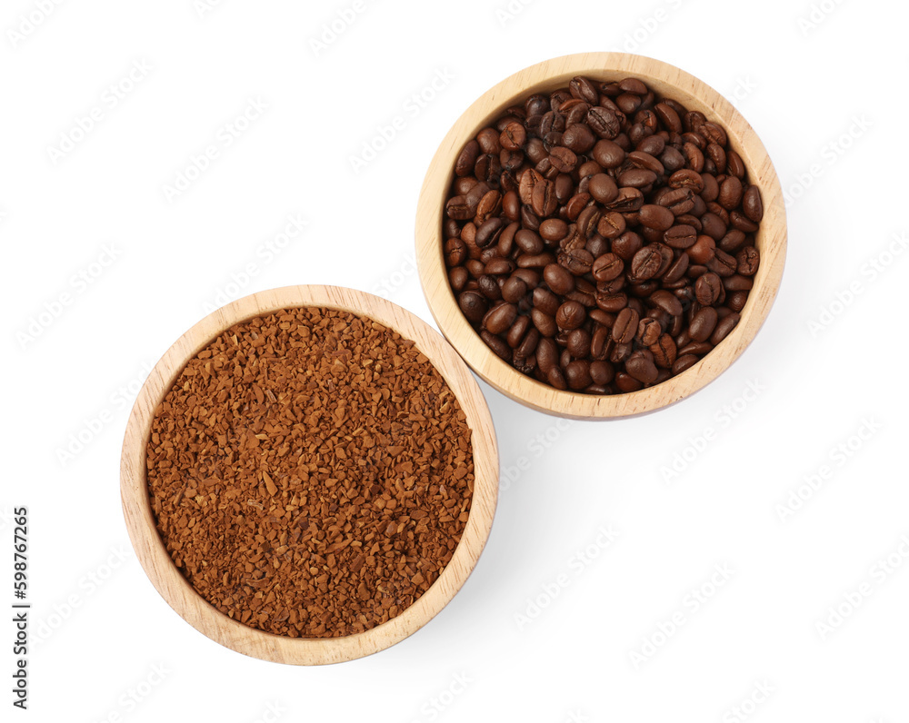 Bowls with instant coffee and roasted beans on white background, top view Bowls with instant coffee and roasted beans on white background, top view