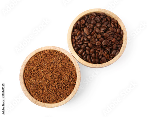 Bowls with instant coffee and roasted beans on white background, top view