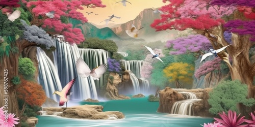 3D Mural Colorful Landscape with Flowers  Trees  Waterfall  and Flying Birds - AI Generated