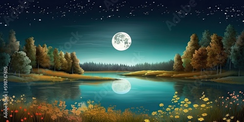 Night Landscape with Harvest Moon and Magical Galaxy - 3D Drawing Digital Art - AI Generated photo