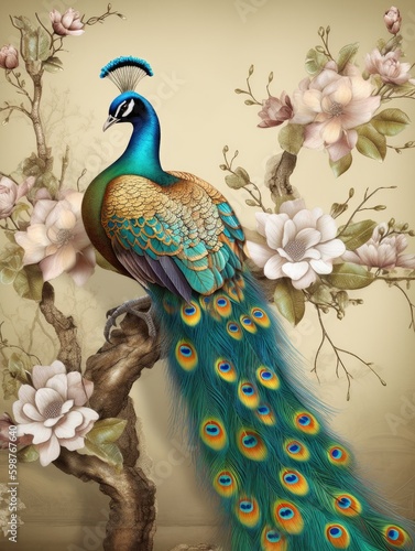 Peacock on Branch Wallpaper with Colorful Flowers 3D Mural Background - AI Generated