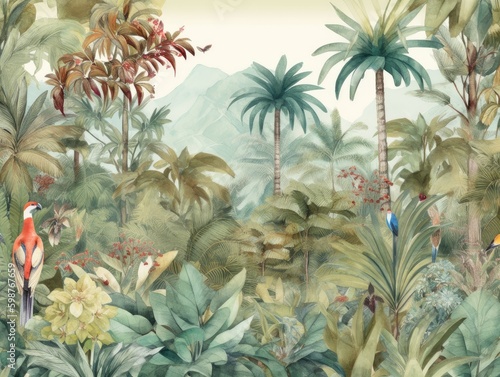 Tropical Paradise Wallpaper with Watercolor Hawaiian Landscape - AI Generated © dasom