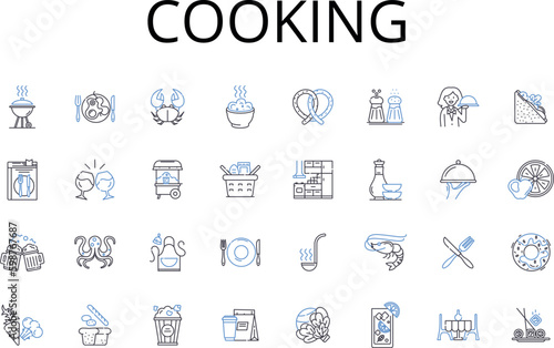 Cooking line icons collection. Culinary, Preparing, Baking, Roasting, Barbecuing, Sauteing, Grilling vector and linear illustration. Frying,Stir-frying,Smoking outline signs set