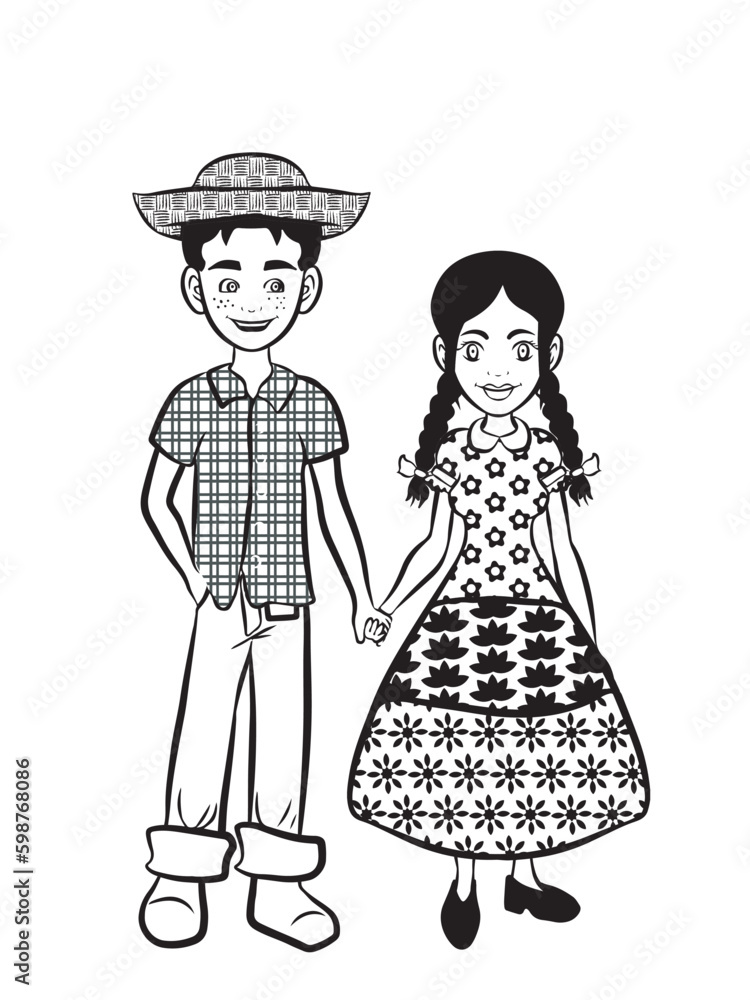 Couple holding hands wearing farmer costumes from the Brazilian Festa Junina. Black and White design. Vector illustration isolated on transparent background. Couple holding hands wearing farmer costumes from the Brazilian Festa Junina. Black and White design. Vector illustration isolated on transparent background.