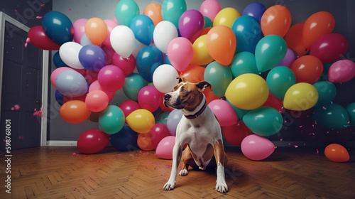 Generative Ai image of a pitbull sitting in a room filled with balloons