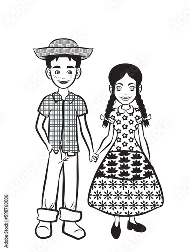 Couple holding hands wearing farmer costumes from the Brazilian Festa Junina. Black and White design. Vector illustration isolated on transparent background.